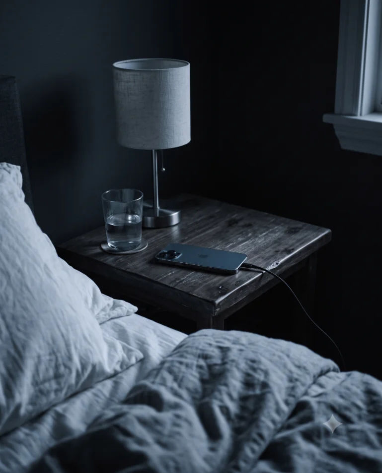 A dark bedroom at night: an iPhone plugged in and resting face down on a wooden nightstand beside an unlit lamp.